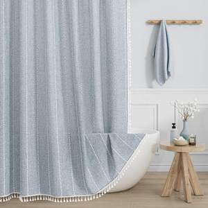 MitoVilla Blue Boho Fabric Shower Curtain, Modern Farmhouse Polyester Linen…