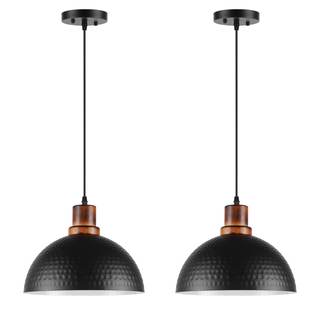Black and Wood Pendant Lights 2 Pack, 11.8" Hammered Metal Dome…