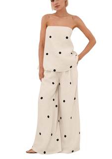 calbatic Women Polka Dot 2 Piece Outfits Spot Strapless Tube Top High Waist…