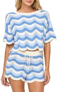 2 Piece Sets for Women Short Sleeve Striepd Crochet Cover Up Tied Shorts Beach…