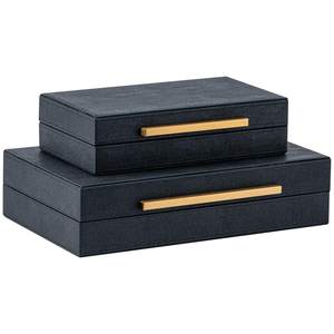Set of 2 Black Shagreen Storage Boxes with Gold Metal Handles – Faux Leather…