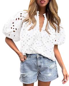 PRETTYGARDEN Womens Tops Boho Eyelet Puff Sleeve Blouse | Hollow Out…