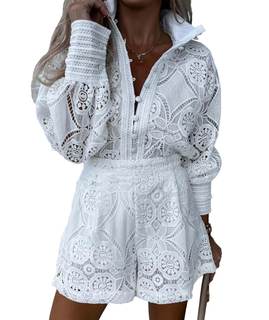 SOMTHRON Womens Eyelet Lace Two Piece Outfits… — Medium / White