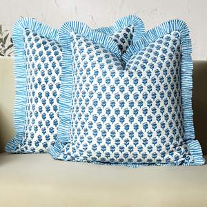 CPC Block Print Ruffle Throw Cover Apatite Blue 18"x18" Inch Pack of…
