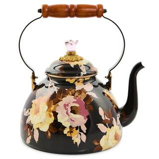 MACKENZIE-CHILDS Tea Kettle, 3 Quarts, Wild Rose Brown | Hand-applied design…