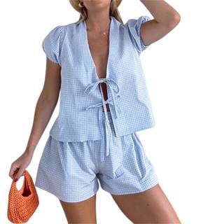 Yuemengxuan Women Y2k Peplum Shirt Shorts Set Two Piece Lounge Set Pajamas Sets…