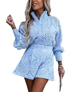 SOMTHRON Womens Eyelet Lace Two Piece Outfits Blouse Tops Shorts Set | Floral…