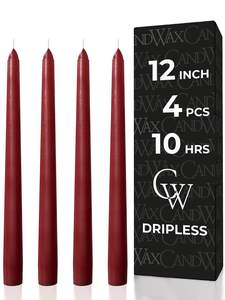 CANDWAX 12 inch Burgundy Taper Candle Pack of 4 - Unscented Smokeless Dripless…