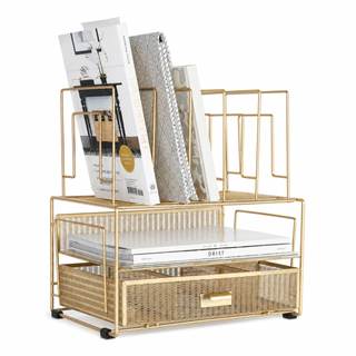BLU MONACO | Gold Desk Organizer With Drawer | Metal Mesh File Holder…