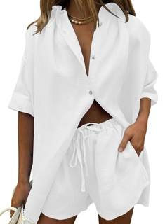 Fixmatti Women 2 Piece Outfits Long Sleeve Button Down Blouse and…