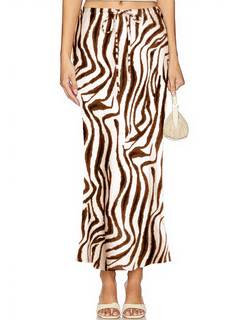 Linen Maxi Skirts with Lining Drawstring… — Medium / Brown Zebra Stripes