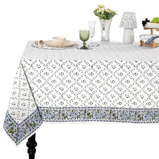Ridhi Powder Blue Hand Block Print Cotton Rectangle Tablecloth 90" x…